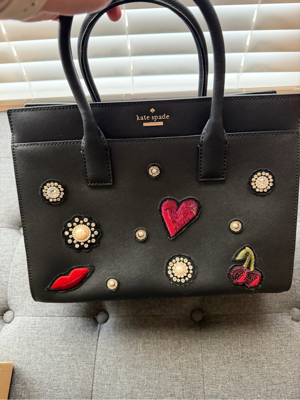 Rare kate spade Black Satchel with Red & Pink Embellished Patches